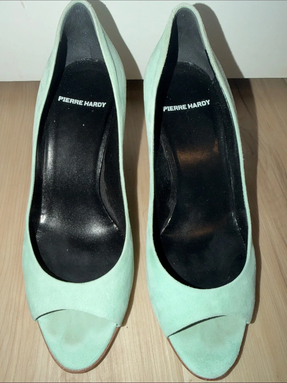 Pierre Hardy Mint Suede Peep-Toe Wedge Pumps
